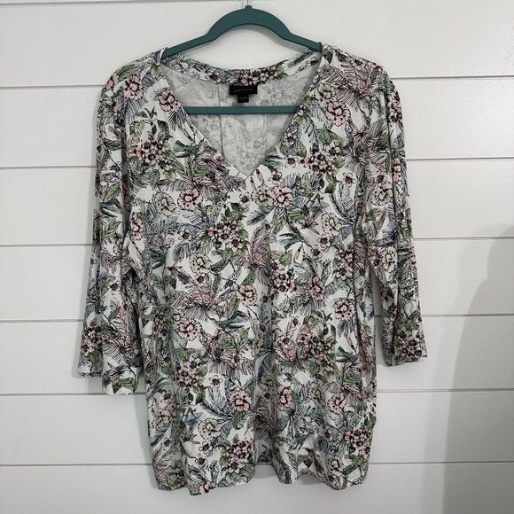 J. Jill Wearever Womens Large V-Neck 3/4 Sleeve Shirt Blouse Floral Pullover - Picture 1 of 5